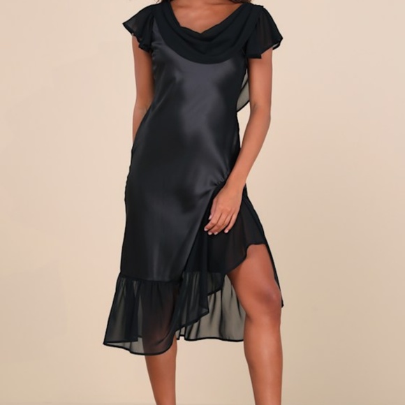 Lulus Prepared To Impress Black Satin Flutter Sleeve Midi Dress - Size L - Picture 1 of 1